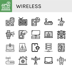 Set of wireless icons such as Smart home, Server, Television, Global server, Joystick, Tower, Smartwatch, Cashless, Laptop, Drone, Signaling, Smart house, Hard disk , wireless