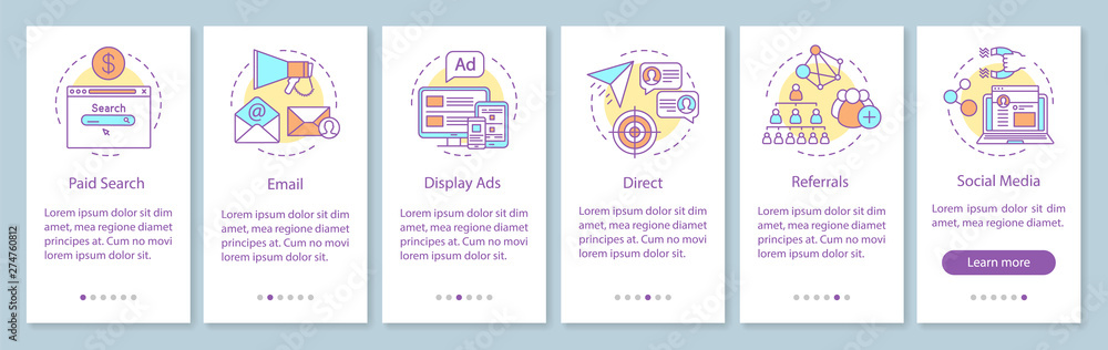 Poster marketing channels onboarding mobile app page screen with linear concepts. ways of customer attracti
