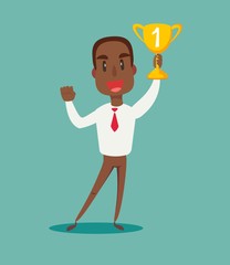 illustration of a happy black african american businessman holding a trophy . Stock flat vector illustration.
