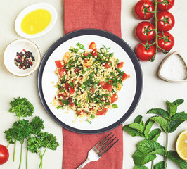 Lebanese traditional salad taboule soaked bulgur and ingredients