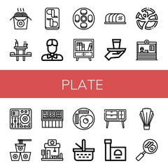Set of plate icons such as Noodles, Dinner table, Chicken wings, Waiter, Cheesecake, Buffet, Tenderloin, Serve, Broken plate, Restaurant, Mixing table, Fried eggs, Picnic basket , plate