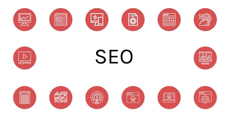 Set of seo icons such as Marketing, Seo and web, Responsive, Printing test, Search engine, Programming, Seo, Market, Dashboard, Webpage, Web development, Video marketing ,