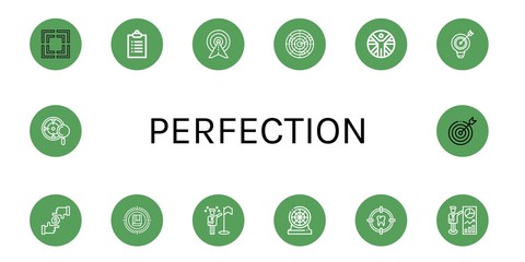 Set of perfection icons such as Focus, Goals, Target, Dart, Vitruvian man, Darts , perfection