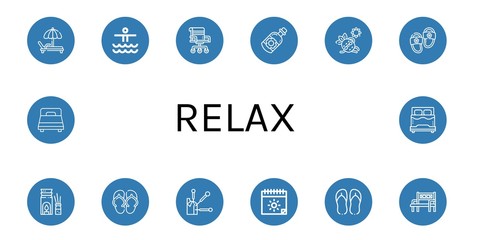 Set of relax icons such as Deck chair, Waterpark, Chair, Essential oil, Sunbathing, Slippers, Aromatherapy, Sandal, Acupuncture, Summer, Flip flops, Bench, Bed , relax