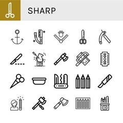 Set of sharp icons such as Scissors, Anchor, Razor, Trap, Shaving razor, Scalpel, Carving, Axe, Saw, Surgical tray, Swiss army knife, Color pencils, Pencil, Pencil box , sharp