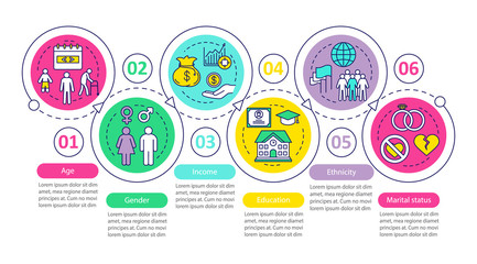 Demographics vector infographic template. Business presentation design elements. Data visualization with 6 steps and options. Process timeline chart. Workflow layout with linear icons