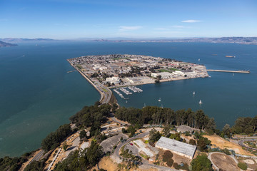 Afternoon aerial view of Treasure Island and San Francisco Bay near Oakland, California.  