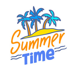 Fototapeta na wymiar Summer Time Lettering or Typography Design, Badge with Doodle Elements Exotic Island with Palm Trees