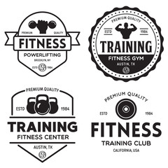 Fototapeta premium Set of fitness badges with sport equipment and people. Labels in vintage style with sport silhouette symbols.