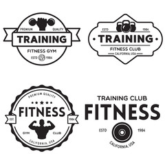 Set of fitness badges with sport equipment and people. Labels in vintage style with sport silhouette symbols.