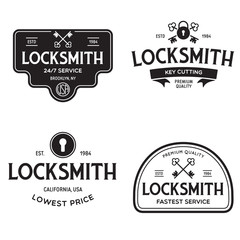 Obraz premium Set of vintage locksmith logo, retro styled key cutting service emblems, badges, design elements, logotype templates.