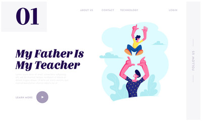 Father Tossing Up Joyful Baby Boy, Healthy Child Outdoors Activity, Active Lifestyle, Dad and Son Having Fun, Love, Relations, Website Landing Page, Web Page. Cartoon Flat Vector Illustration, Banner