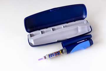 Insulin pen, syringe pen, glucometer. Isolate. White background. Medicine, diabetes, health and healthcare concept.
