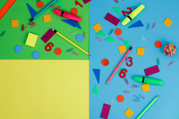 simple pencils, highlighters, neon paper clips. office supplies for study. subject: back to school.