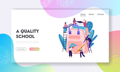 Back to School, Education Website Landing Page, Characters Put Accessories into Backpack. People Holding Pencil, Paints, Book, Brush, Straightedge, Web Page. Cartoon Flat Vector Illustration, Banner
