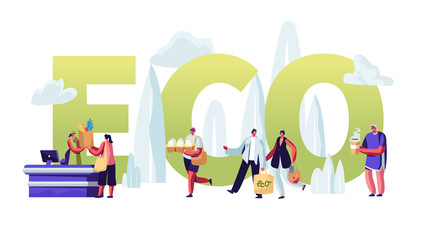 Eco Packing Concept, People Stand in Queue with Reusable Packaging in Hands Visiting Open Air Store. Male Female Characters Shopping, Poster, Banner, Flyer, Brochure. Cartoon Flat Vector Illustration