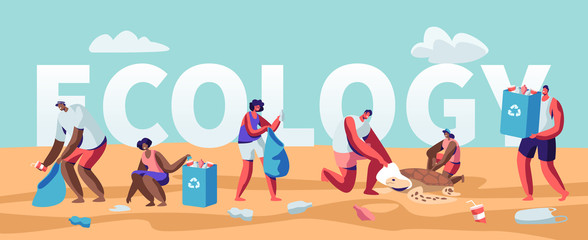 Ecology Protection Concept, People Collecting Trash on Beach. Pollution of Seaside with Garbage. Volunteers Clean Up Wastes on Coast Poster, Banner, Flyer, Brochure. Cartoon Flat Vector Illustration