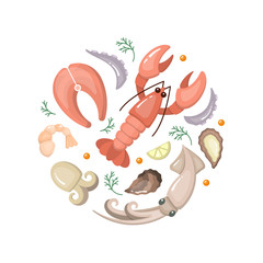 Banner round concept with flat style seafood elements