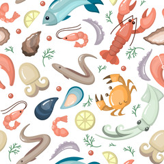 Seamless pattern with seafood flat style elements