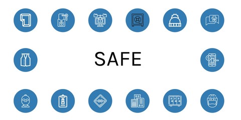 Set of safe icons such as Key, Lock, Safe box, Hat, Hacker, Thief, Accreditation, Condom, Accounting, Locker, Helmet, Vest, Auction , safe