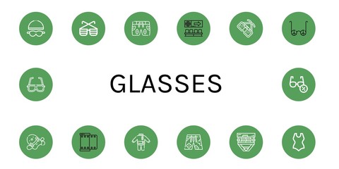 Set of glasses icons such as Goggles, Sunglasses, Swimsuit, Movie, Glasses, Pool kickboard, Film, Clothes, d glasses ,