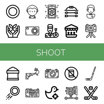 Set of shoot icons such as Puck, Sprout, Soccer player, Compact camera, Camera, Archer, Bow and arrow, Shooting gallery, Potting soil, Gun, No pictures, Film camera, Hockey stick , shoot