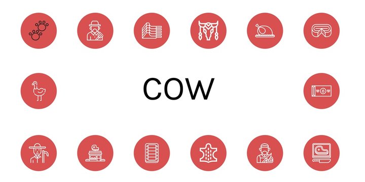 Set of cow icons such as Animal, Farmer, Mutton, Cow, Chicken, Cheese, Butcher shop, Ribs, Butcher, Steak, Ostrich, Butter , cow