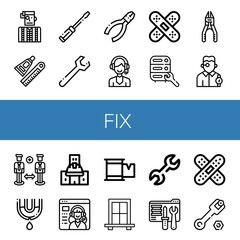 Set of fix icons such as Watchmaker, Glue, Screwdriver, Wrench, Pliers, Support, Band aid, Maintenance, Plier, Leak, Under construction, Service, Plaster, Window, Tech support , fix