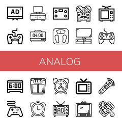 Set of analog icons such as Tv, Game controller, Alarm clock, Bathroom scale, Recorder, Television, Controller, Alarm clocks, Old tv , analog