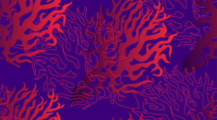 Fototapeta premium Bright fantasy coral reef seamless background with silhouettes and contours of sea corals. Vector illustration for printing, fabric, textile, manufacturing, wallpapers.