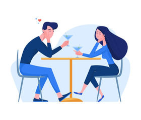 Man and woman characters in flat style sitting in the cafe drinks cocktail. Couple in love holding martini glass. Vector illustration with the interior of a cafe