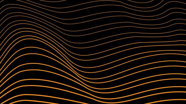 Ornamental smooth flow of yellow blending lines on dark background. Motion wallpaper with wavy stroke brush. Seamless looping animation.