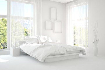 Modern bedroom in white color. Scandinavian interior design. 3D illustration