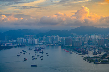 Sunrise over Victoria Harbor as viewed atop Victoria Peak, Hong Kong