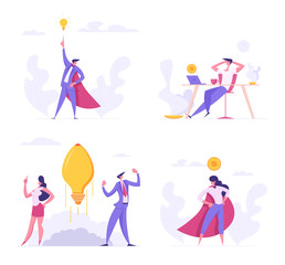 Fototapeta na wymiar Creative Idea, Superhero Managers, Freelance Distant Work Concept. Successful Start Up with Business People Characters Launches Rocket Light Bulb, Teamwork, E-commerce Cartoon Flat Vector Illustration