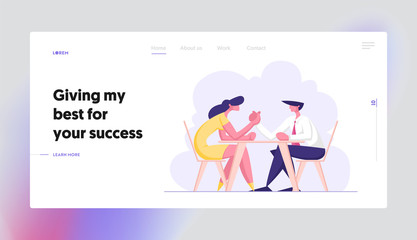Business People Armwrestling. Man and Woman Fighting on Hands Sitting at Table. Business Competition, Challenge, Leadership Website Landing Page, Web Page. Cartoon Flat Vector Illustration, Banner