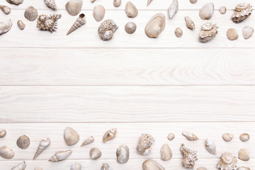 Summer background with white wooden table with many seashell. Copy space
