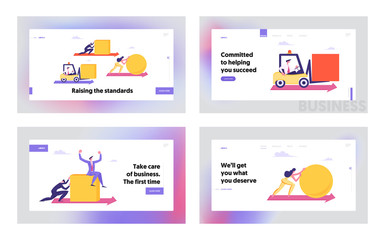 Obraz na płótnie Canvas Business People Pushing Huge Geometric Shapes Circle, Square Fight in Business Competition, Challenge, Leadership Concept Website Landing Page Set, Web Page. Cartoon Flat Vector Illustration, Banner