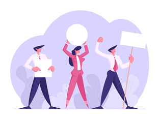 People with Placards on Demonstration, Strike, Holiday Celebration, Festivity, Male Female Characters Holding Empty Vote Banners and Signs. Voting, Protesting Citizen Cartoon Flat Vector Illustration