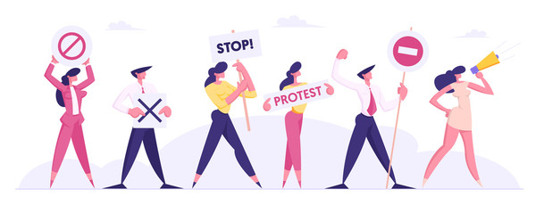 Protesting People Against Presidential Election or Candidate Voting Holding Placards on Strike or Demonstration, Male, Female Characters with Protest Banners and Signs Cartoon Flat Vector Illustration