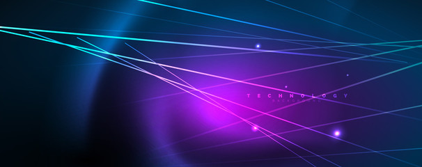 Neon blue glowing lines, magic energy space light concept, abstract background wallpaper design