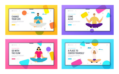 People Meditating in Lotus Pose Website Landing Page Set, Outdoors Yoga, Healthy Lifestyle, Relaxation Emotional Balance, Harmony, Positive Mood, Web Page. Cartoon Flat Vector Illustration, Banner