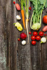 fresh fruits and vegetables on weathered wooden