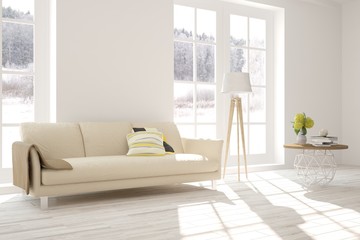 Stylish room in white color with sofa and winter landscape in window. Scandinavian interior design. 3D illustration