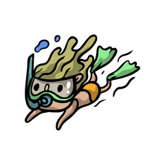 Cute blonde kid girl is diving at deep ocean in mask