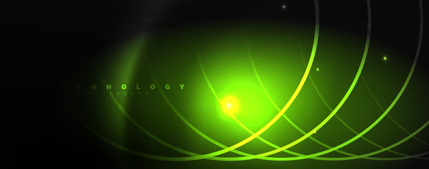 Dark abstract background with bright color neon lights and lines. Glowing background