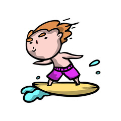Cute red hair boy is surfing on the ocean wave in pink shorts