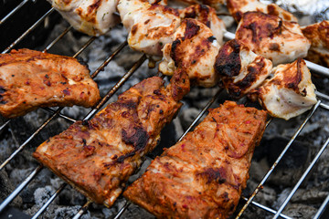 Juicy Pork steak, ribs and chicken meat on bbq grill, homemade barbecue, closeup.