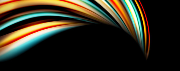 Fluid color rainbow style wave abstract background, techno modern design on black