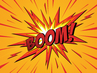 Boom! comic speech bubble. Cartoon explosion, lightning blast and fire flash.